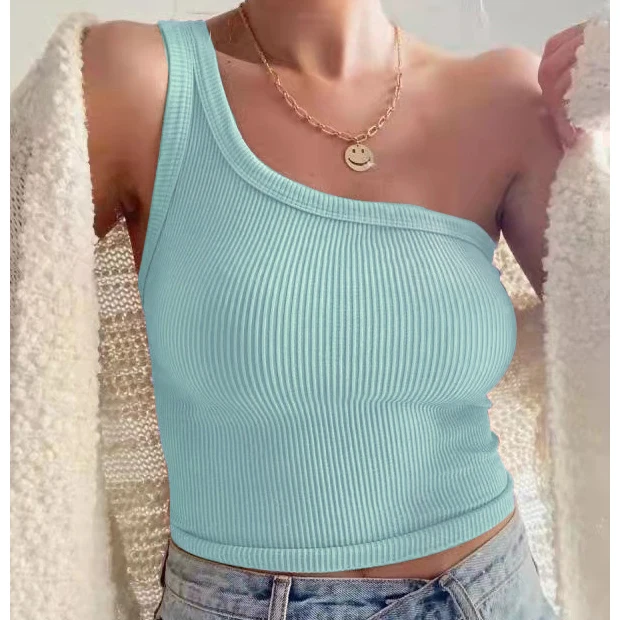 

Female Fashion Camis Elastic One Shoulder Crop Top T Shirt Women Clothing Bustier Top Cami Summer Sexy Spaghetti Strap Tank Tops