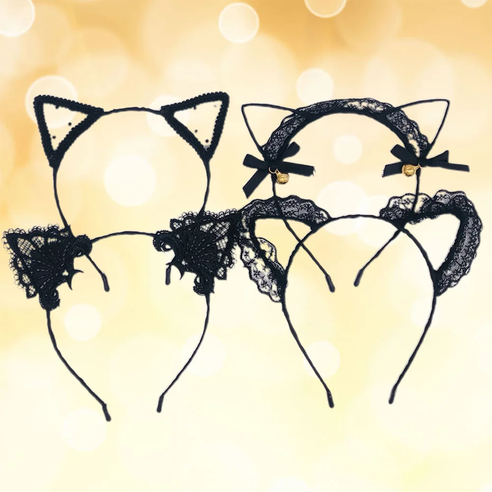 

4PCS Lace Cat Ear Headband Decorative Lace Hair Hair Accessories with Sall Bells for Cosplay Costume Party