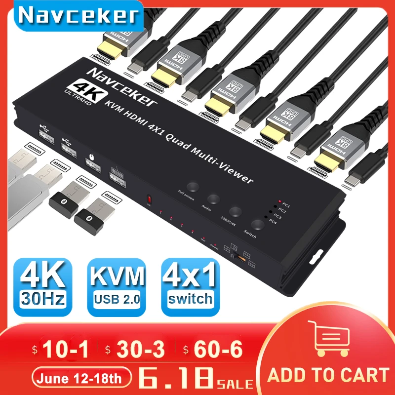 Navceker KVM HDMI-совместимый мультипросмотр 4K 4 в 1 Выход 1080P четырехэкранный мультипросмотр HDMI мультипросмотр бесшовный переключатель с ИК
