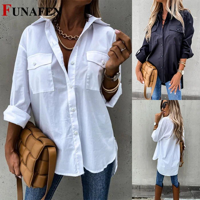 

Women's Spring And Autumn 2022 Solid Color Shirt Irregular Loose Casual Long Sleeve Lapel Shirt Patch Pocket Cover Shirt Top