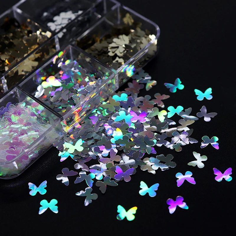 

6 Grids Butterfly Nails Sequins Holographic Glitter Decorations Manicure Accessory Flakes Laser Design 3D Nail Charms Ornaments