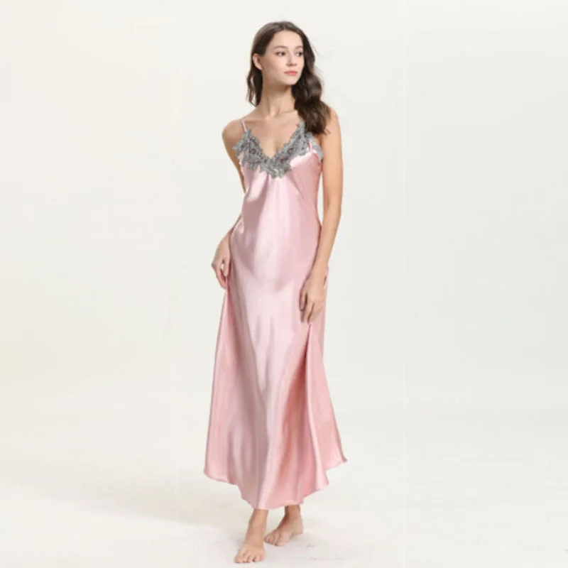 Women Sling Sleeveless Lace V-Neck Sleepwear Solid Color Silk Maxi Dress Pajamas