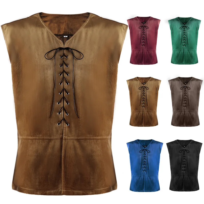 

6Colors Halloween Medieval Vest Man Renaissance Steampunk Tops Gentleman Bandage Coat Retro Gothic Slim Viking Knight Waistcoat