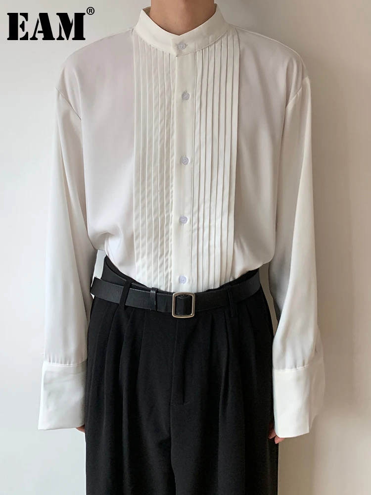 

[EAM] Women White Biig Size Pleated Blouse New Stand Collar Long Sleeve Loose Fit Shirt Fashion Tide Spring Autumn 2023 1DH3042