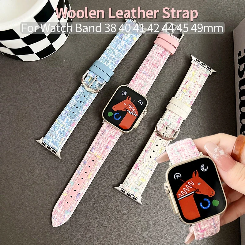 

Ремешок из шерстяной кожи для Apple Watch Series 9 8 7 41 мм 45 мм 49 мм 38/42, женский браслет для iWatch Band 6 5 4 SE 40 мм 44 мм Correa