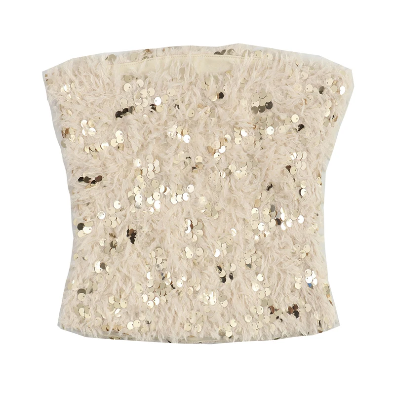 Женский укороченный топ без бретелек с пайетками