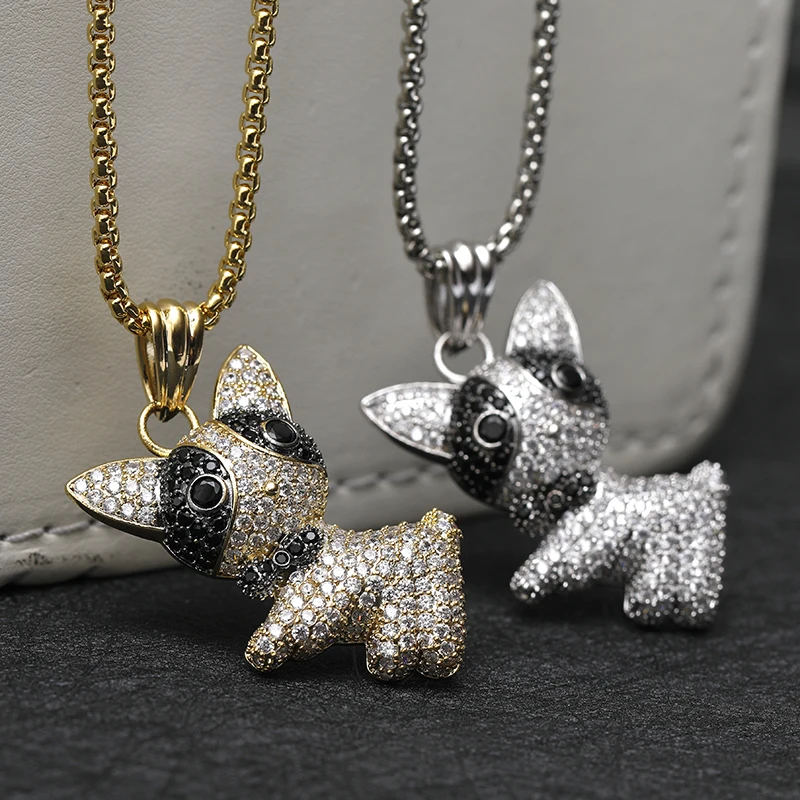 

Ослепительное ожерелье из меди и латуни с симпатичным щенком и подвеской полностью из черного и белого кристалла, длинная цепочка для любимых питомцев