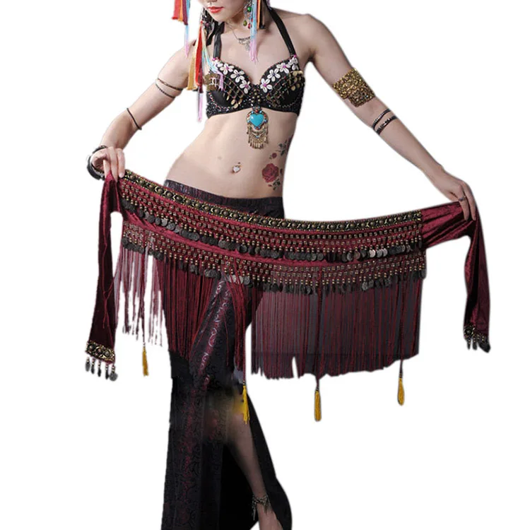 ผู้หญิง Belly Dance เข็มขัดเซ็กซี่พู่สะโพกผ้าพันคอ Tribal เหรียญเต้นรำผ้า Fringe เอว BellyDance อุปกรณ์เสริม