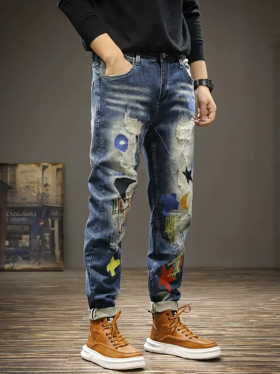 Spring And Summer Embroidered Personality Colorful Slim-Fit Jeans Men'S Ripped Patch Light-Colored Youth Long Trousers Trendy