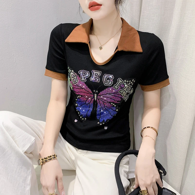 2023 New Summer Korean Clothes T-Shirt Women Chic Sexy POLO Collar Spliced Shiny Diamonds Butterfly Tops Short Sleeve Tees 35051