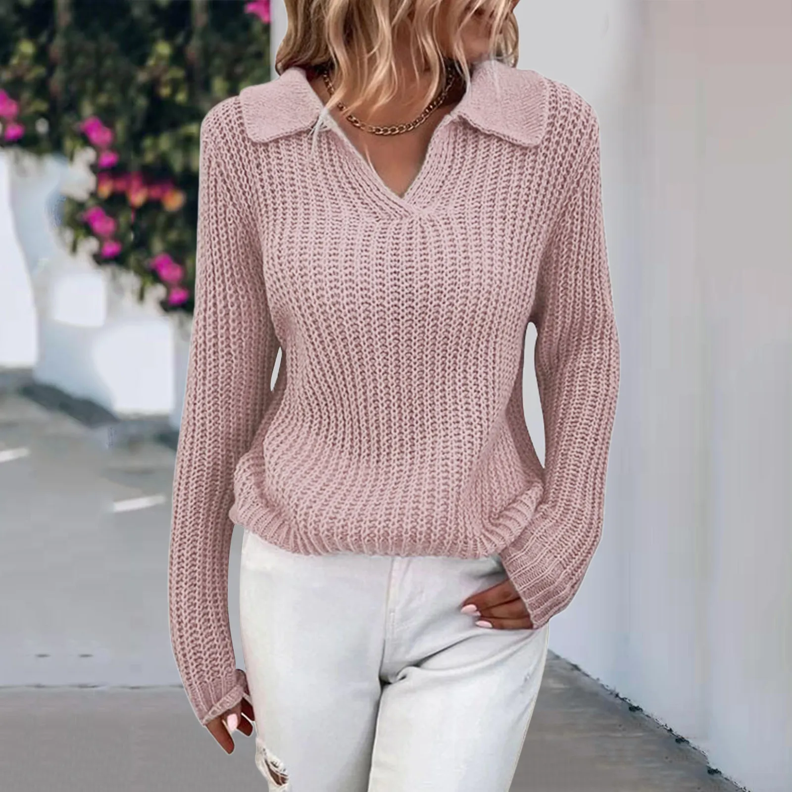 

Women Sweaters Lapel Solid Color Slim Fit V Neck Knit Pullovers Oversized Autumn Winter Thick Warm Loose Knitted Jumper Female