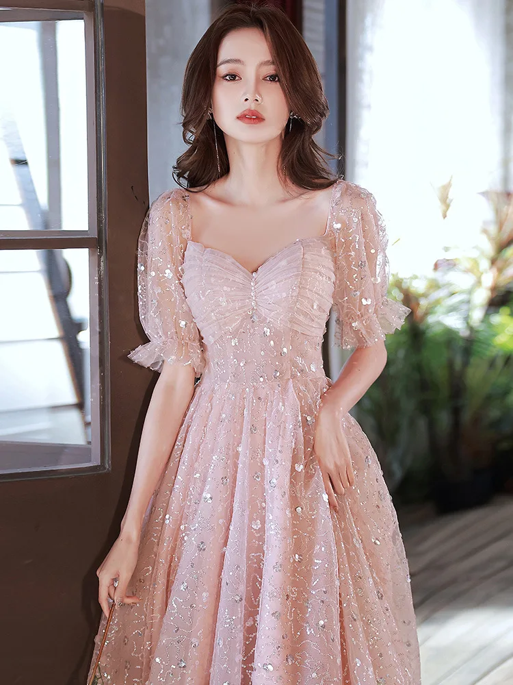 

Блестящее Розовое женское платье для выпускного вечера, блестящие тюлевые трапециевидные платья с блестками для дня рождения, милое банкетное платье принцессы средней длины