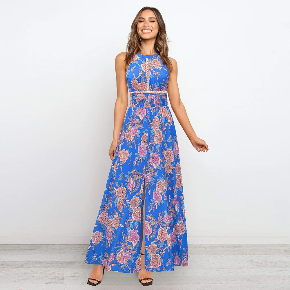 

Sexy Sleeveless Floral Skirt 2022Spring And Summer Retro Slim Temperament Long Beach Skirt Bohemia Long Dress Vintage Boho Dress