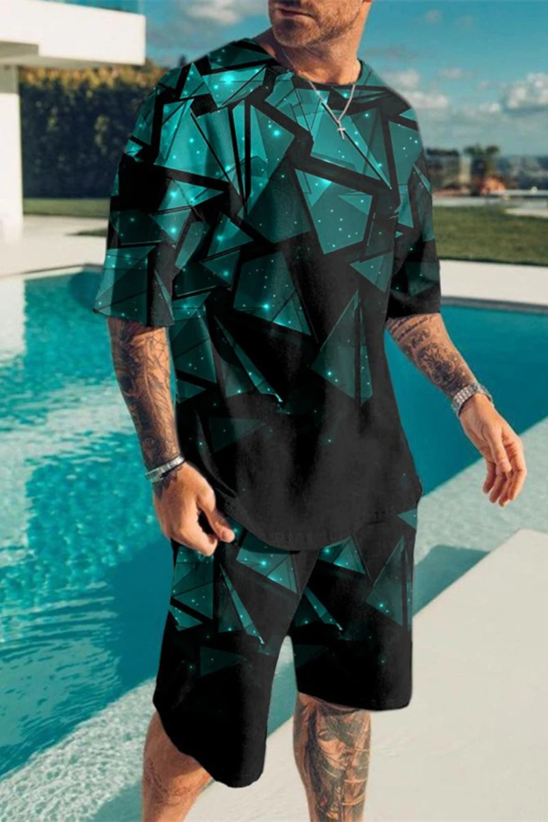 

2022 Summer New Green square 3D Print Casual tracksuit Men's Suit Short Sleeve T-Shirt + Sports Shorts 2 Piece Set