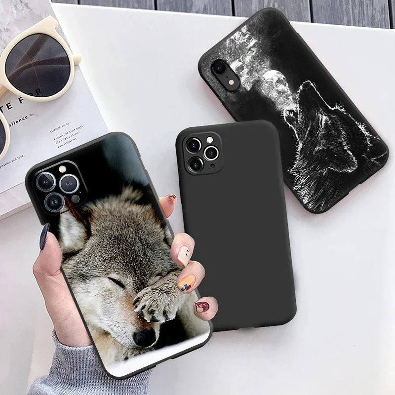 Silicone Black Phone Cases Cover for iPhone 11 14 Pro Max 12 13 Mini XR SE 7 8 6 6s Plus XS X SE3 11Pro Flower Snow Wolf