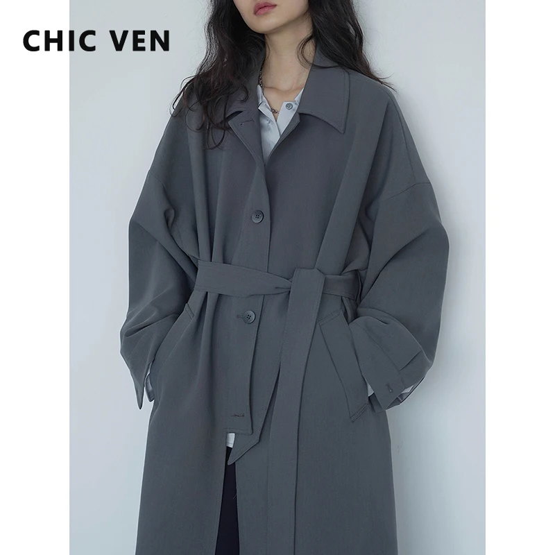 Женский Длинный тренчкот с поясом однобортная Повседневная ветровка из ткани