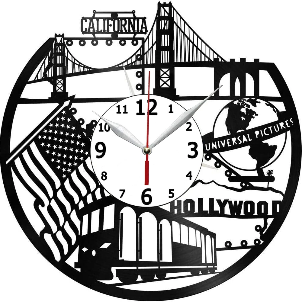 

Виниловые настенные часы Калифорнийского городского пейзажа, настенные часы с виниловой пластиной, бесшумные и не тикающие