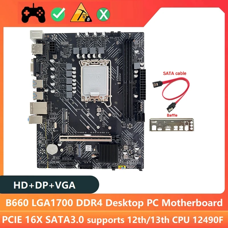

B660 D4 Motherboard PC Motherboard +Baffle+SATA Cable Kit LGA1700 12Th/13Th CPU 2XDDR4 RAM Slot HD+DP+VGA PCIE16X SATA3.0