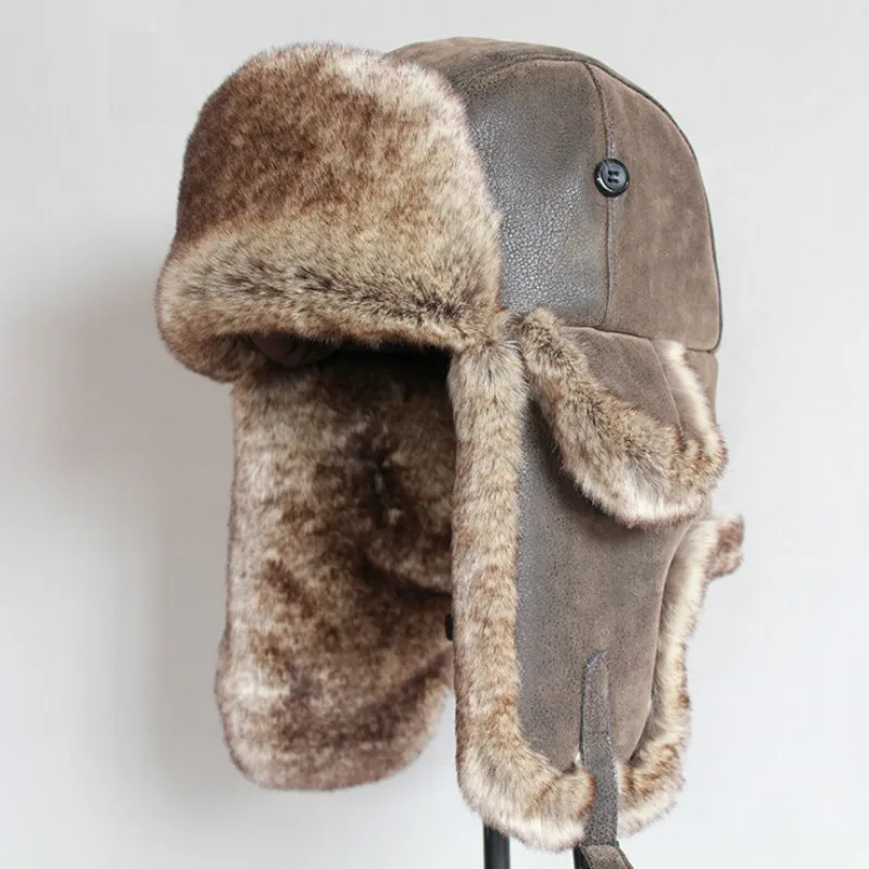 

B-8480 Bomber Hats Faux Leather Fur Men Winter Warm Plush Earflap Women's Russian Ushanka Hat Aviator Trooper Snow Ski Caps