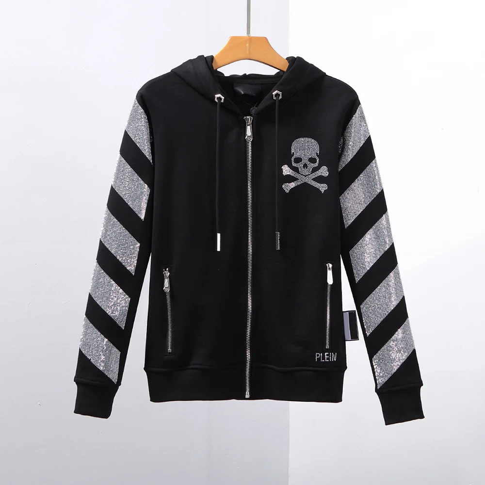 

Top brand men's pure cotton zebra crossing skull with diamond Hooded Hoodie long sleeve coat patchwork fashion high street trend