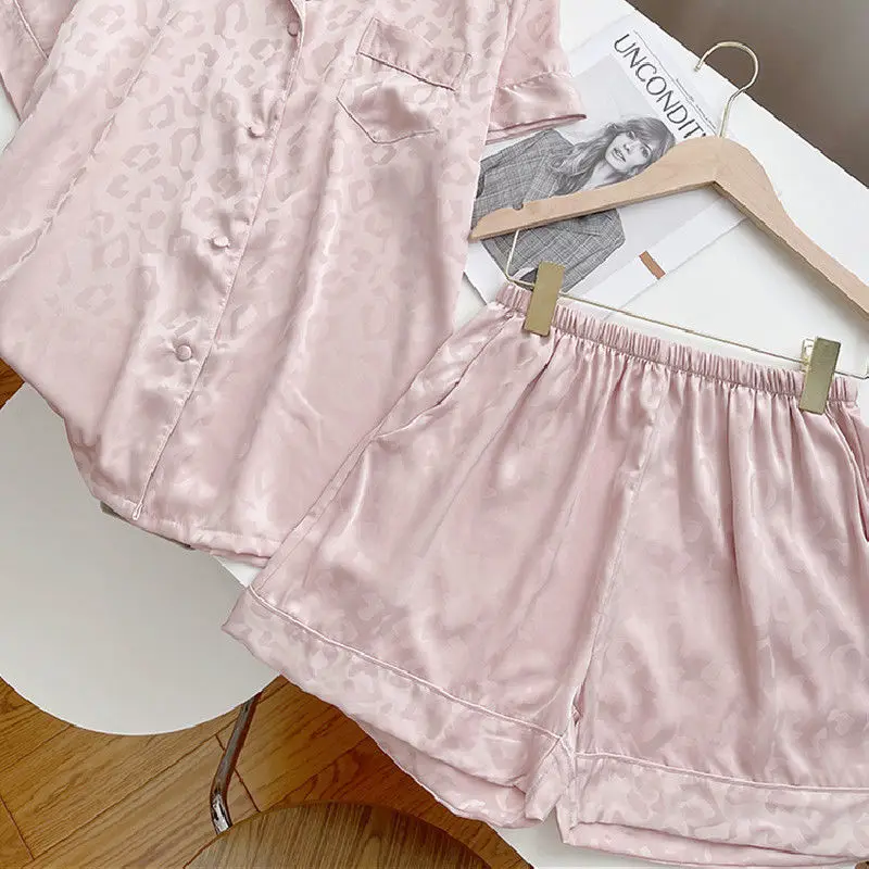 QWEEK Silk Pajamas Leopard Women's Suit Autumn Set Woman 2 Pieces Sleepwear Nightwear Pijama Gift Female Pyjamas Pink Loungwear