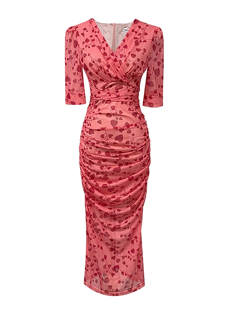 Женское повседневное длинное платье в горошек розовое элегантное Сетчатое с