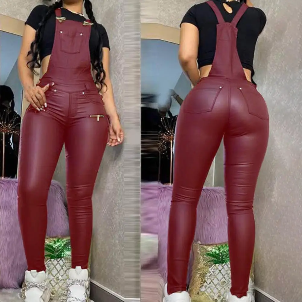 Popular Party Jumpsuit Solid Color Soft Backless High Waist Imitation Leather Jumpsuit  Sexy Women Jumpsuit for Night Club