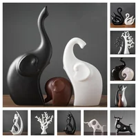 Black/White Ceramic Animal Figurines Porcelain Home Decoration Swan/Deer/Elephant/Tree Family Ornaments Wine Cabinet Miniatures