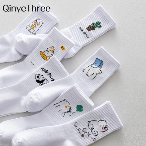 Ins New Autumn Cartoon Bear Panda Rabbit Cactus White Sports Women Soft Cotton Cute Winter Socks Kawaii Hipster Street Graffiti