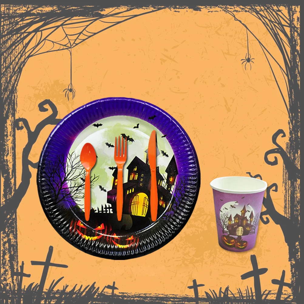

Tableware Cups Party Castle Plates Paper Drinking Forks Table Runner Purple Pumpkin Dinnerware Set Disposable