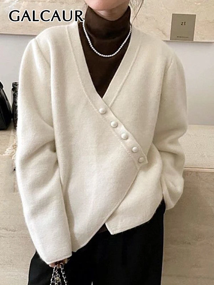 

GALCAUR Irregular Minimalist Sweater For Women V Neck Long Sleeve Spliced Single Breasted Autumn Solid Knitting Cardigan Female