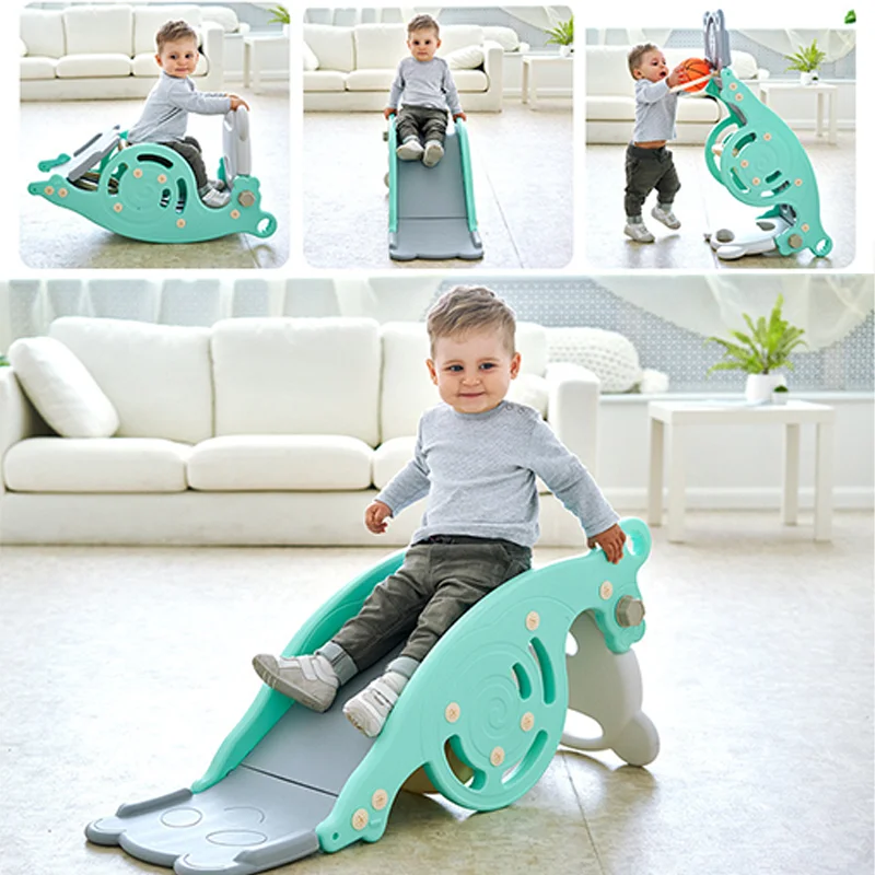 1-12 Years 3 In 1 Kids Folding Multifunctional Baby Rocking Horse Basketball Stand Home Sports Children Indoor Home Easy Slide