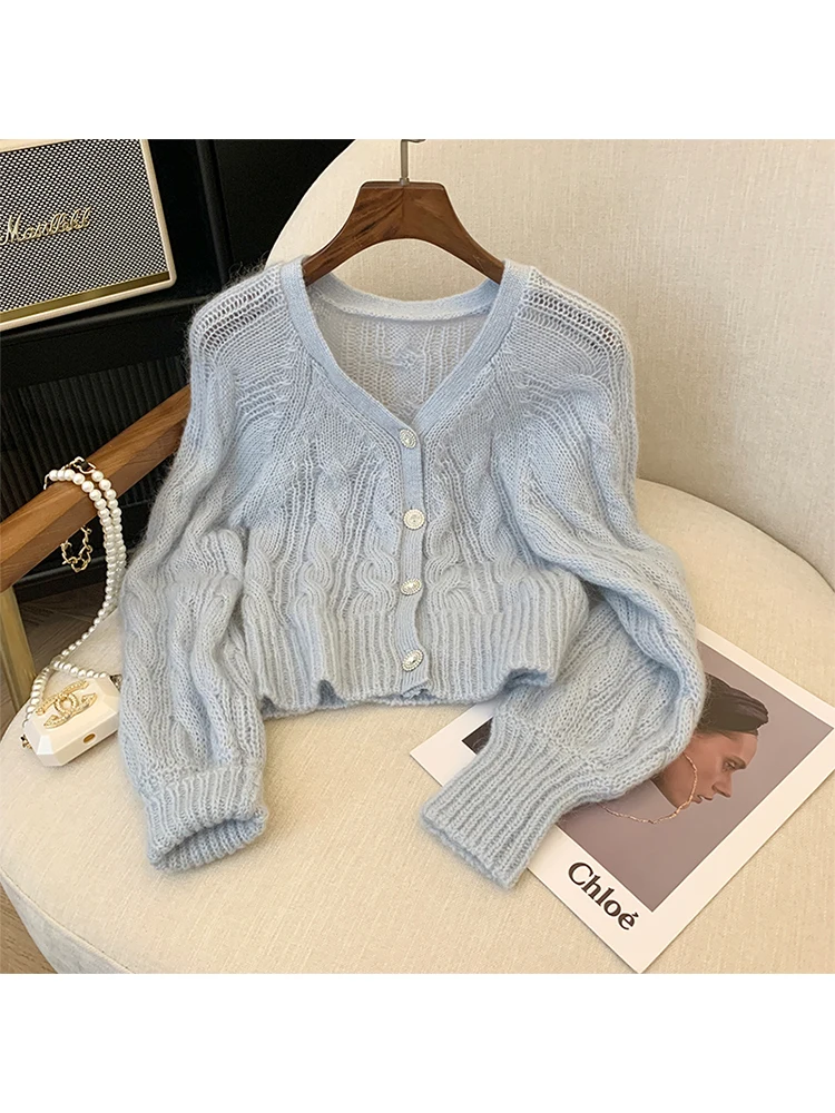 

Women's Blue Cardigan Knitted Sweater Harajuku 90s Aesthetic Long Sleeve Jumper Sweater Korean Y2k Vintage 2000s Clothes Autumn