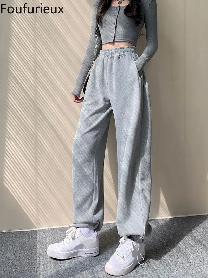 

Foufurieux New 2022 High Waist Jogging Wide Leg Capris Sweatpants Wild Spring Summer Women's Pants Ankle-Length Trousers