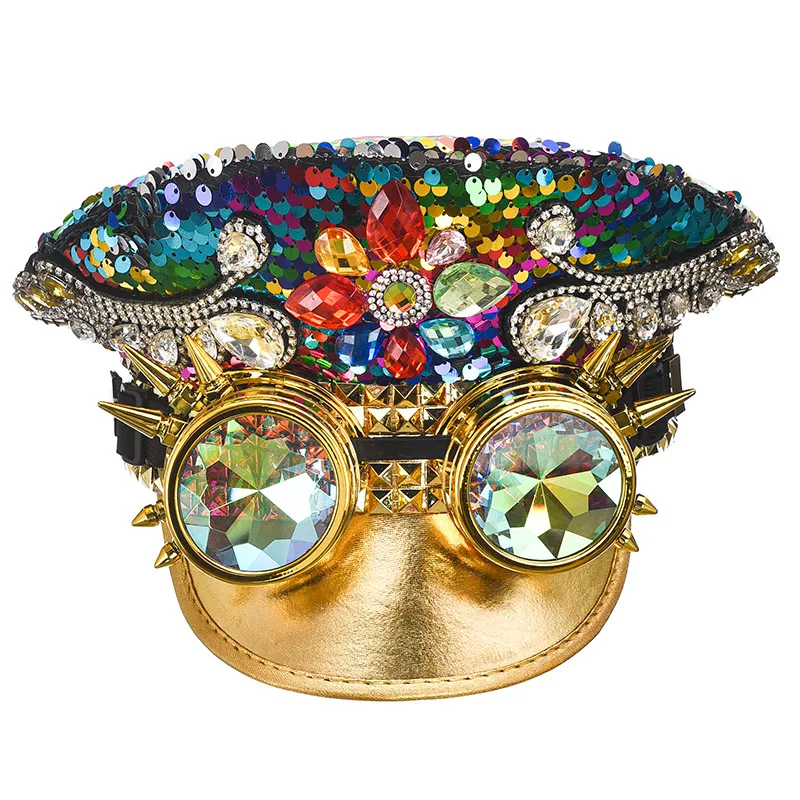 Adult Gold Sequined Rivets With Diamond Glasses Steampunk Hat Gothic Accessories Show Nightclub Wear Rave Rock Cosplay Props