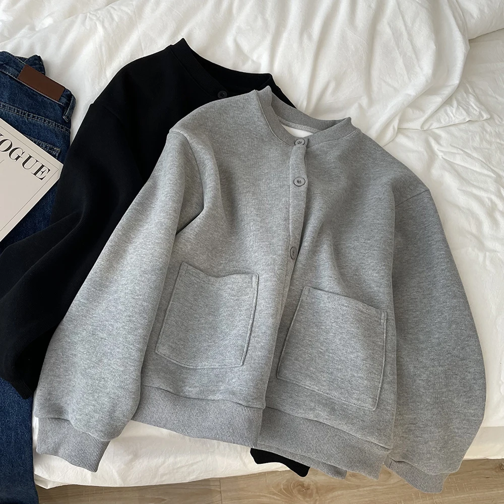 Модная серая бархатная бейсбольная куртка женские свободные пальто с круглым