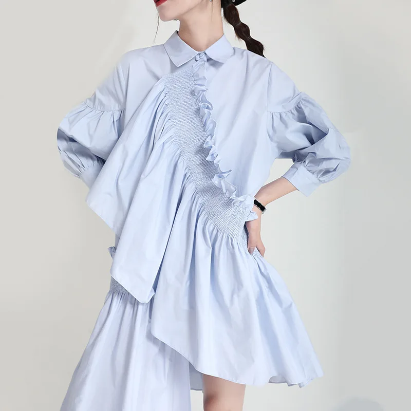 

2022 Summer Fashion New Designer Irregular Dress Street Style 3/4 Sleeves Pleated Ruffled Lantern Sleeve Loose Women Shirt Dress