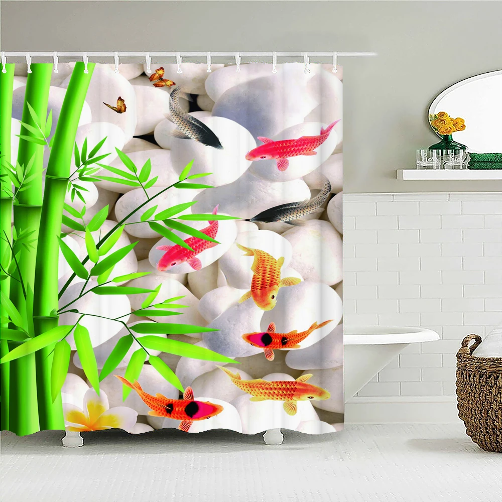 

Зеленая бамбуковая занавеска для душа Koi, дзен, растения, природный пейзаж, водонепроницаемые тканевые экраны с крючками, декор для ванной к...