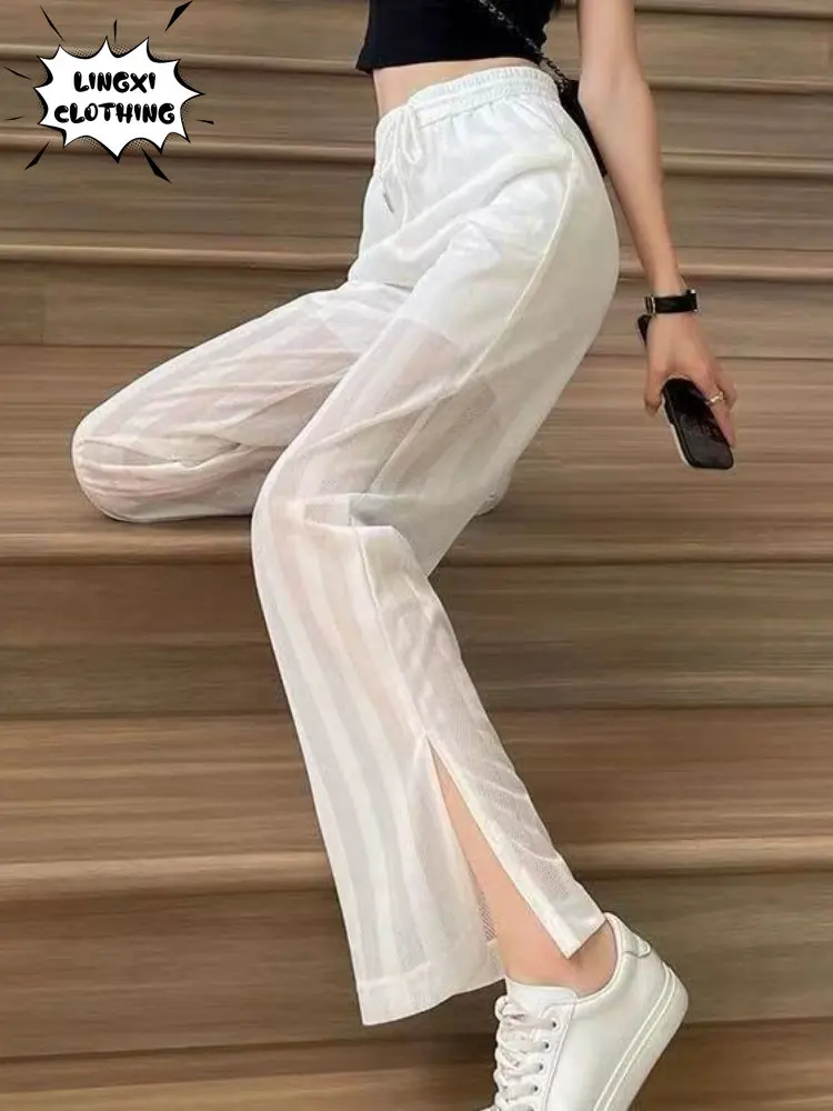 

Wide-leg Pants Female 2023 Summer New Loose Air-conditioned Pants Split Casual Pants Thin Mesh Straight Pants Flare Pants