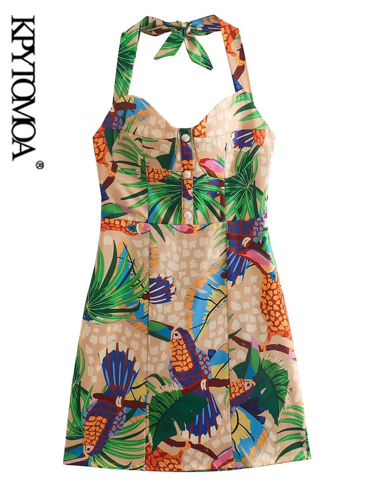 

KPYTOMOA Women Front Buttons Printed Halterneck Mini Dress Vintage Backless Elastic Tie Straps Female Dresses Vestidos Mujer