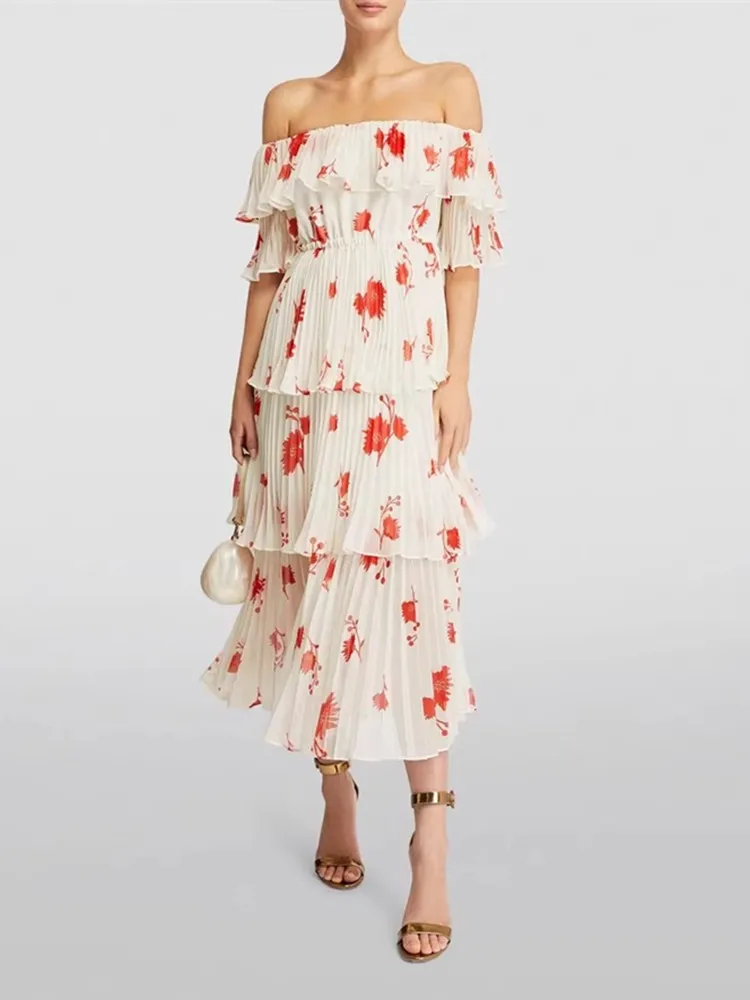 Women Pleated Slash Neck Robes Off-shoulder Ruffles Tierred Printed Holiday Style Female Midi Dress 2023 Summer