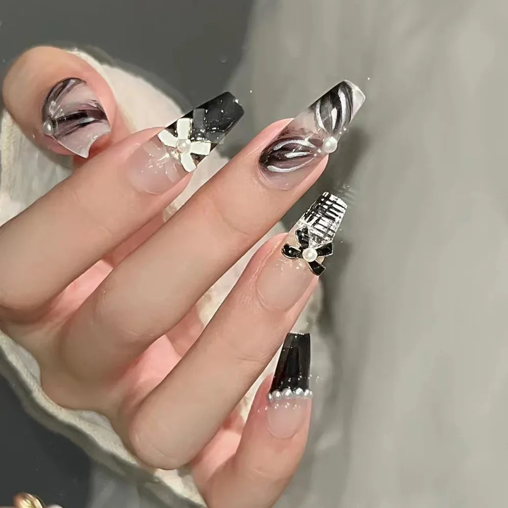 

Искусственные ногти с черным бантом и жемчугом, 24 шт.