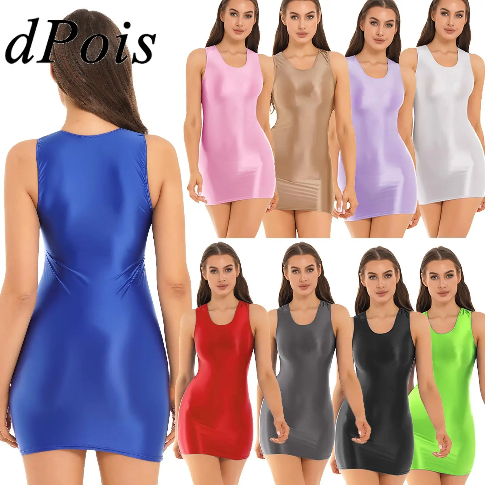 

Mini Dress Womens Glossy Sleeveless Bodycon Dresses Clubbing Party Clubwear U Neck Sundress Solid Color Stretchy Tank Dresses