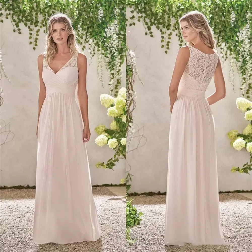 

Simple V Neck Lace Back Maid of Honor Wedding Evening Prom Guest Long Chiffon Bridesmaid Dresses vestidos de fiesta فساتين السهر