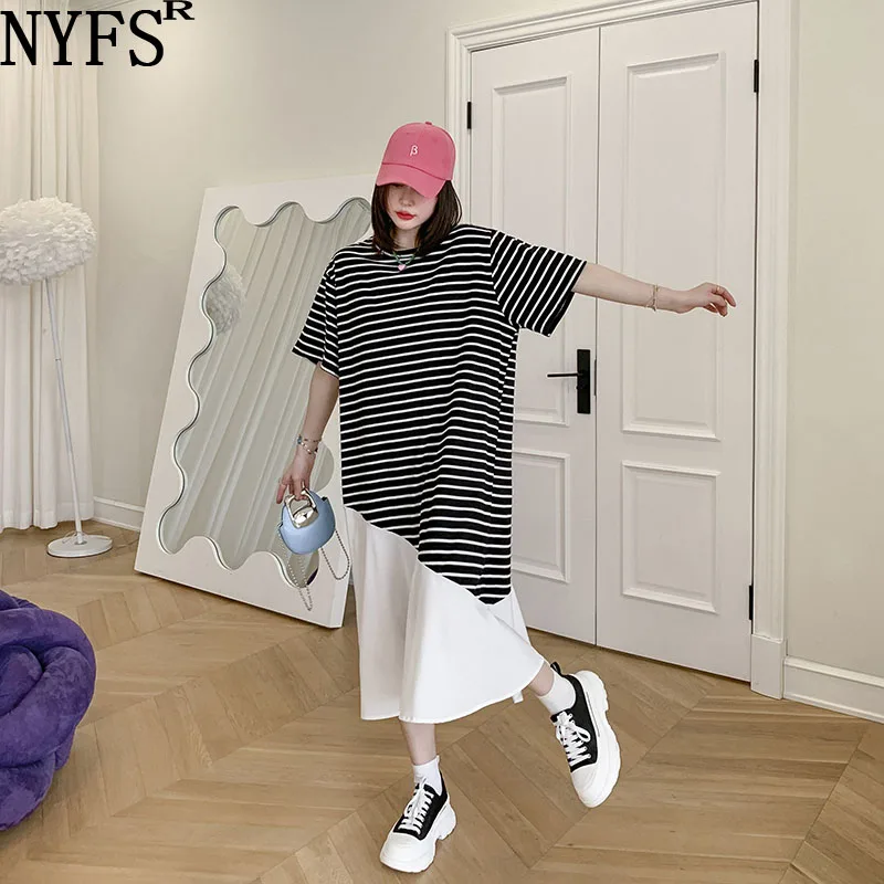 

NYFS 2022 New Summer Korea Woman Dress Vestidos Robe Ete Femme Elbise Black and White Stripes Patchwork Long Dresses L-3XL