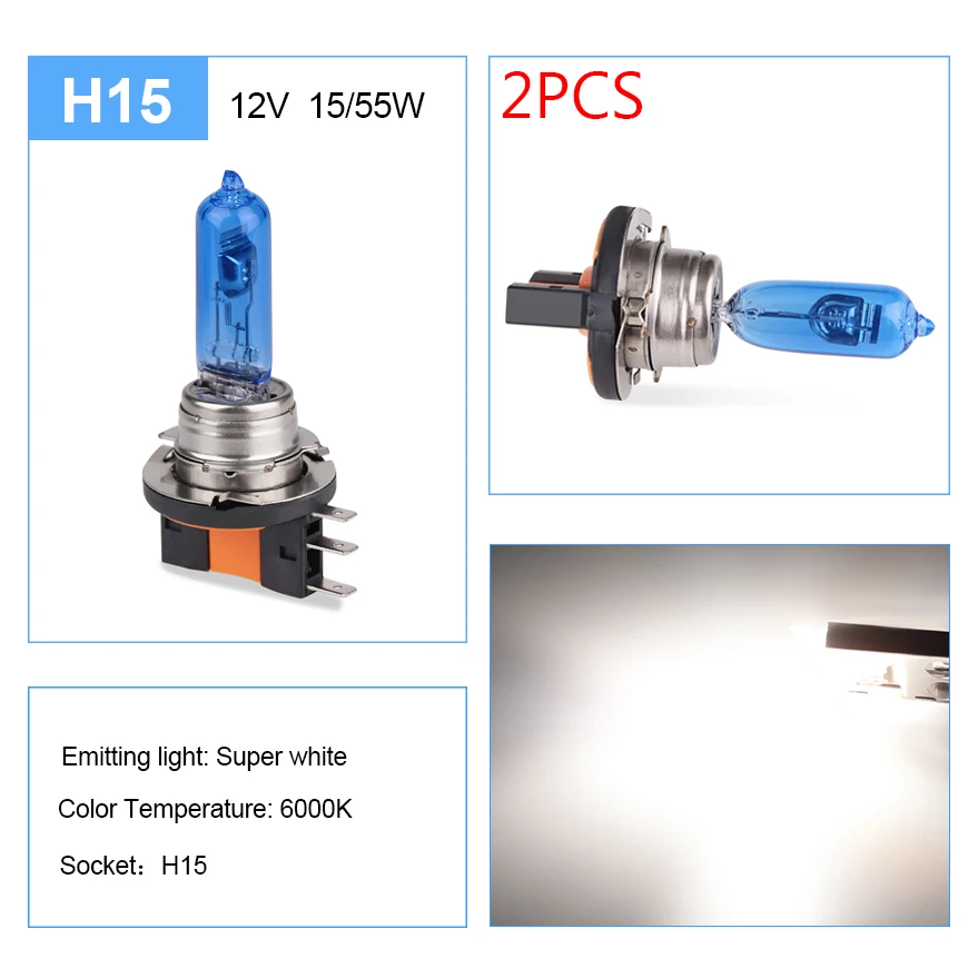 

2Pcs H15 15/55W Halogen Lamp 12V Fog Lights/High Beam Headlig Bulbs 6000K Blue Glass Car Light Source 5000K Auto Accessories