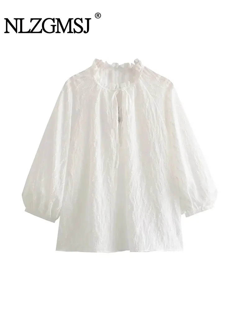 

ZaZevity TRAF Shirts Women Sweet Younger 2023 Spring Autumn Stand Collar Long Sleeve Loose All-Match Temperament Top