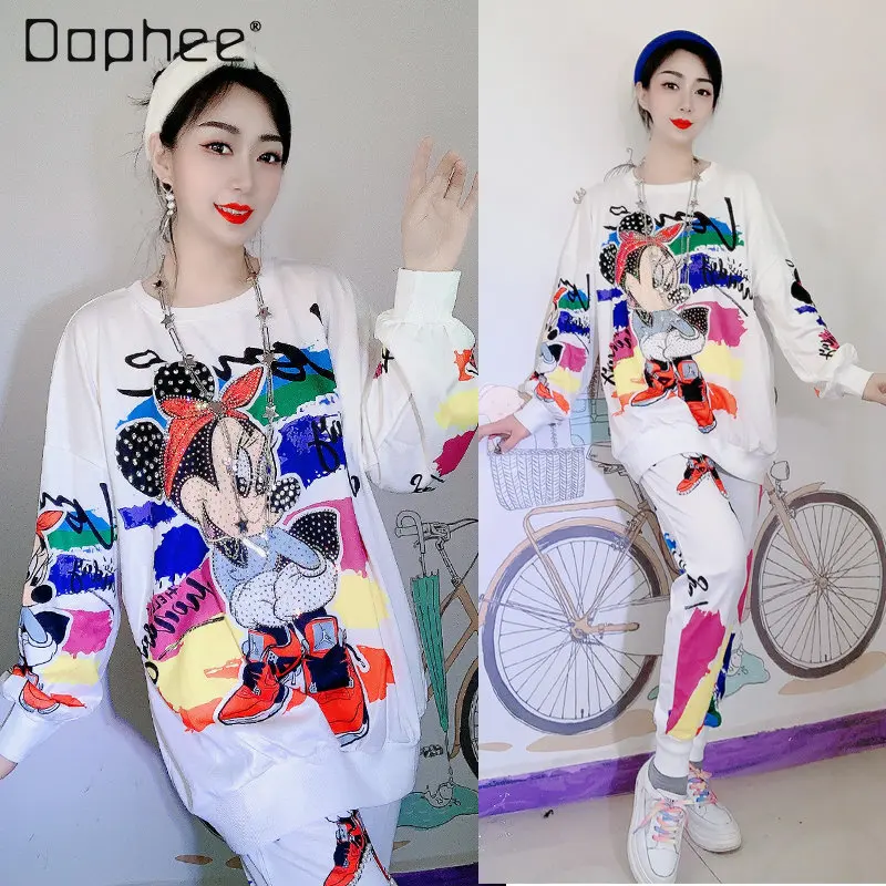 Spring Autumn New Fashion Rhinestone Beaded Pearl Cute Cartoon Print Sweatshirt Suit Female Round Neck Pullover Top and Pant Set