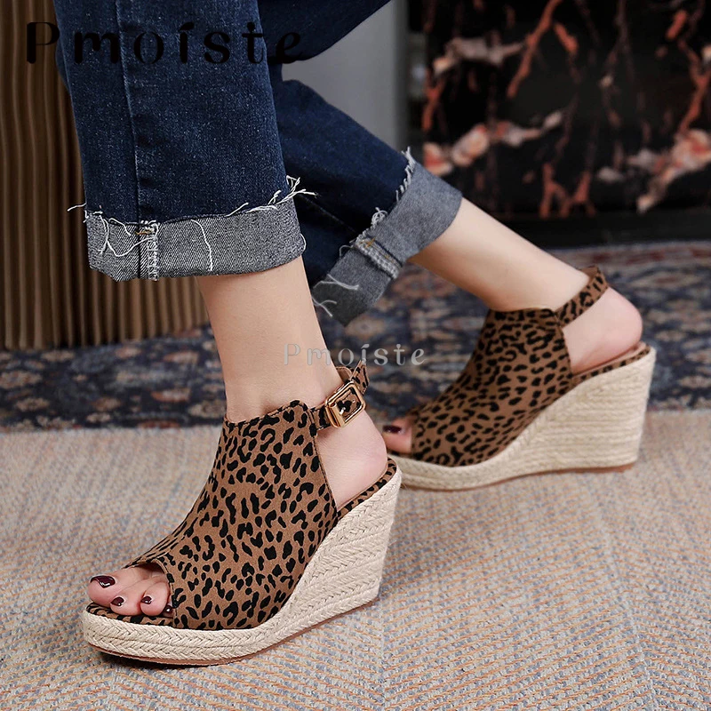 Wedge Sandals For Woman Espadrille Buckle Slippers New Big Size 42 43 Fish Toe Fashion Leopard Print Women's Summer Shoes