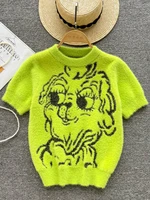 2022 summer new fashion casual green puppy pattern knitted sweater crop top womens short sleeve knitwear pullover pull femme